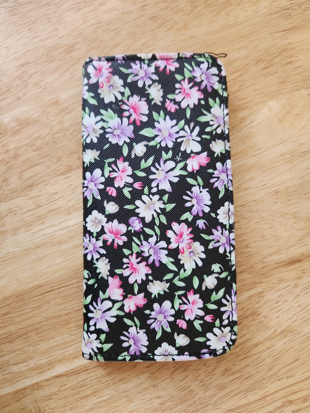 Floral Zip Wallet - Black with Pink & Lavender Flowers